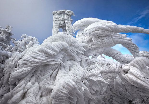 Снежные скульптуры на вершине горы Яворник (Словения)